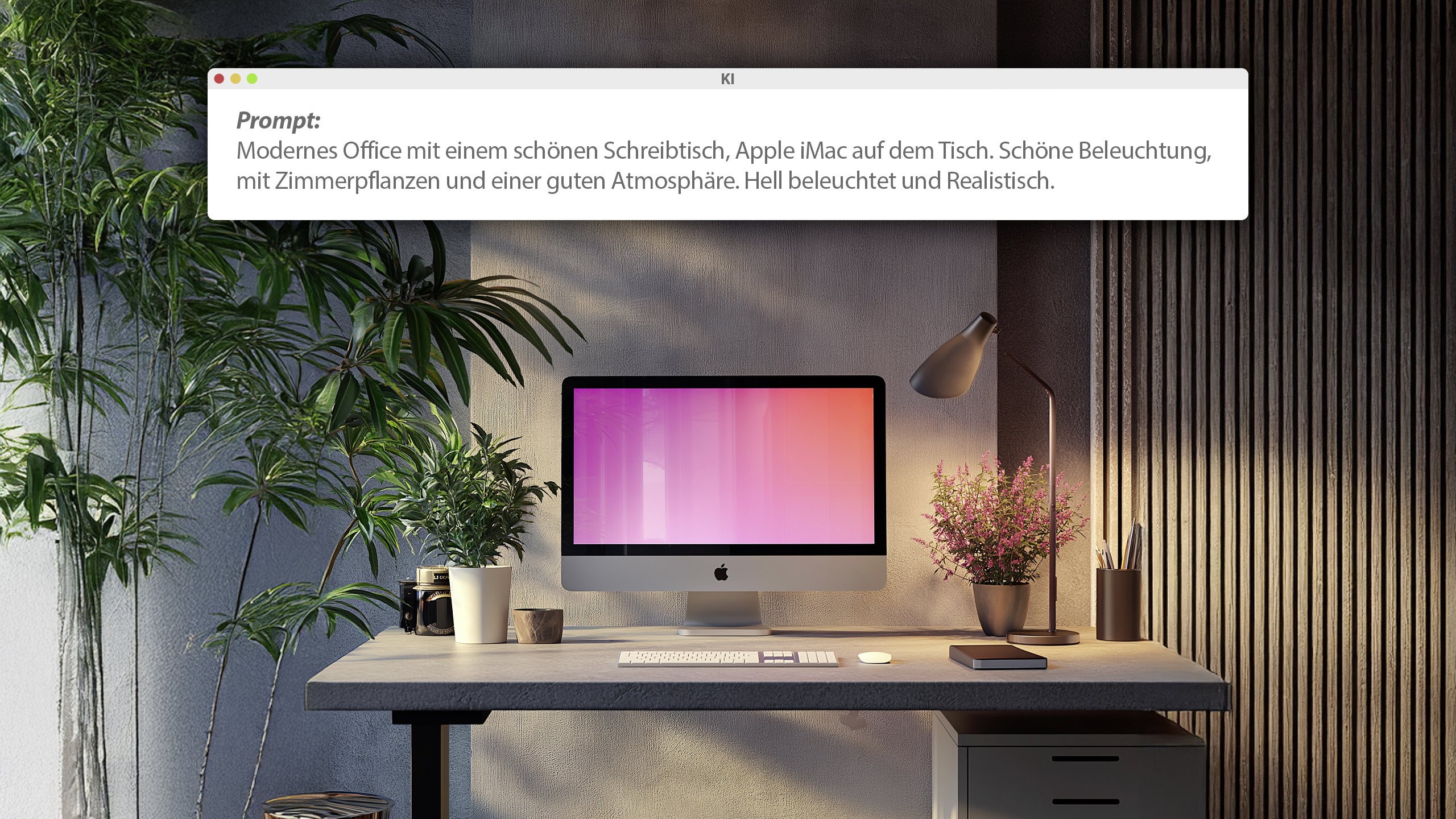 "Prompt" über ein modernen, gut beleuchteten Arbeitspatz mit Pflanzen und einem PC - und das daraus erstellte Bild der KI