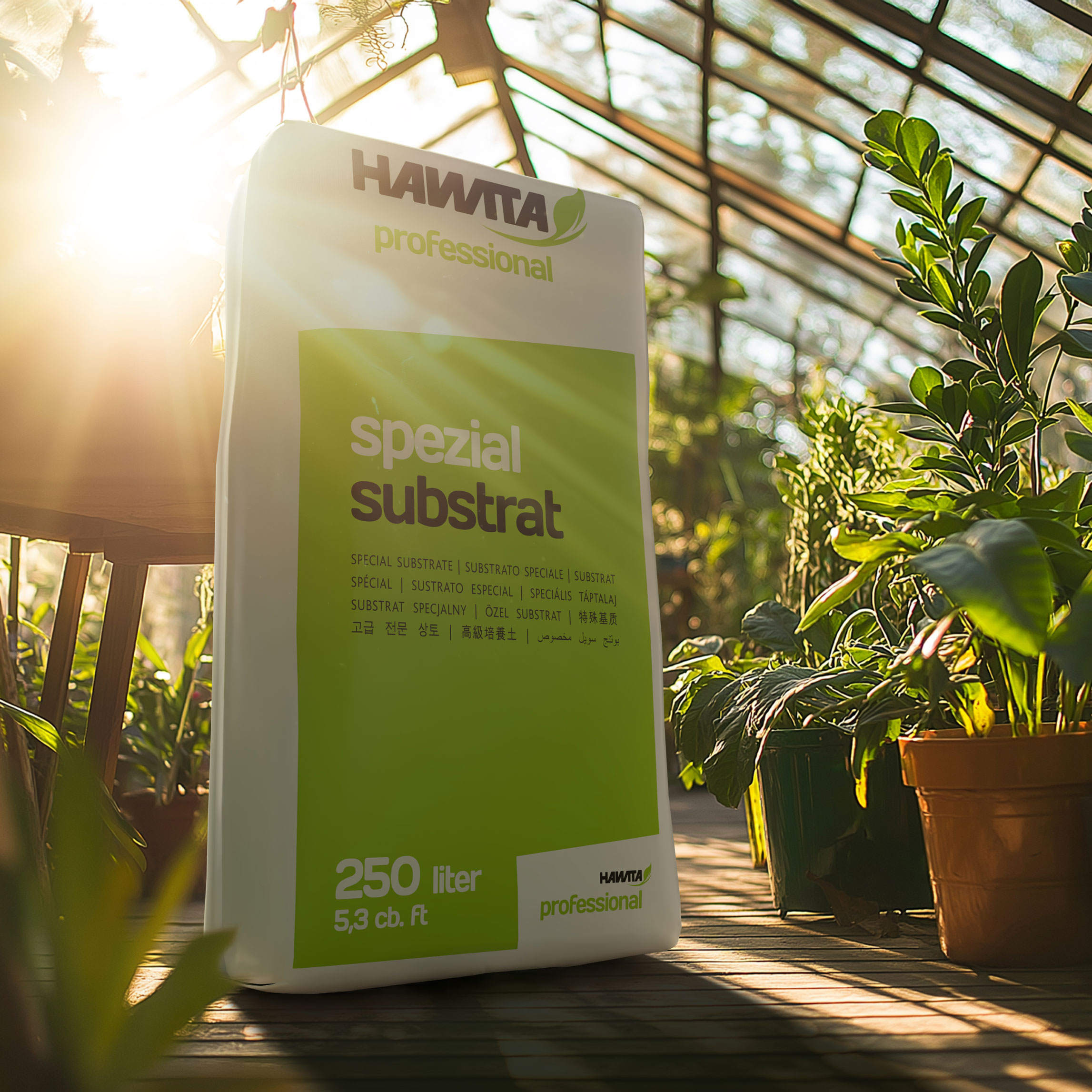 Referenz HAWITA Gruppe - Sackware eines speziellen Substrat stehend in einem Gewächshaus.