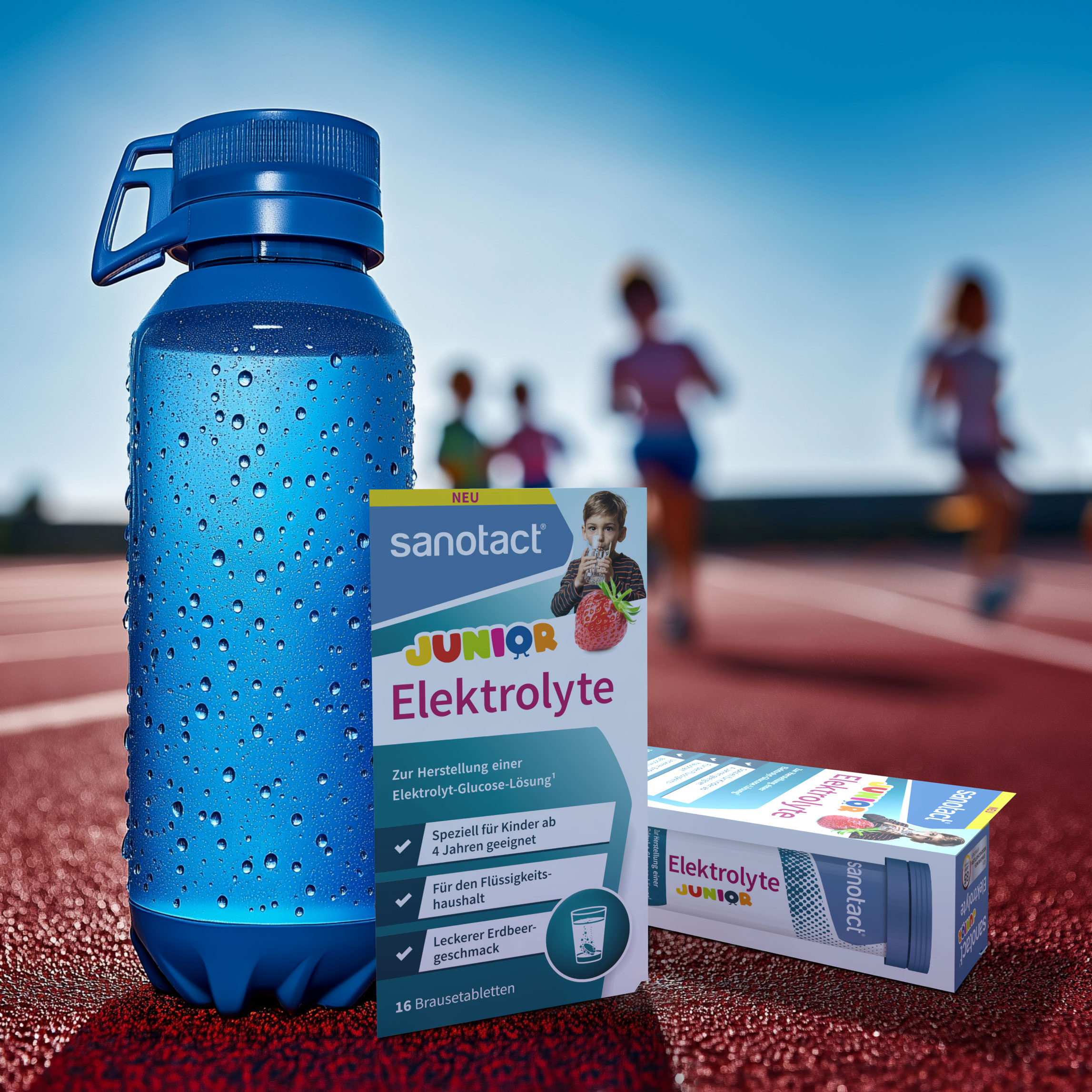 Referenz Sanotact - Trinkflasche blau und Verpackung der Elektrolyte auf einer Sportrennbahn